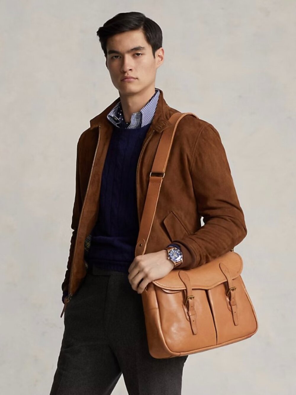 NWT Polo Heritage leather Messenger bag with tartan plaid liner, lots of pockets
